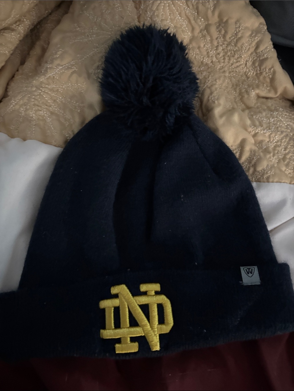 Navy Pom Beanie with Gold Embroidered Logo - Kids Accessories